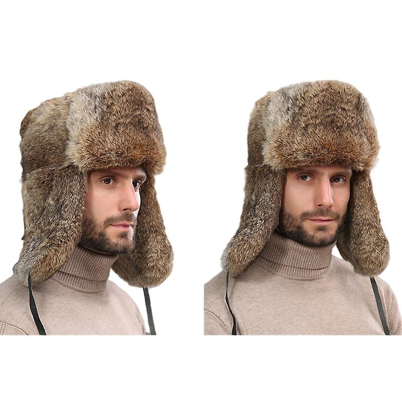 thumbnail image 3 of Gorro de cazador ruso de piel de conejo de invierno con orejeras, regalo de Navidad para hombres (XXL, café), 3 of 3