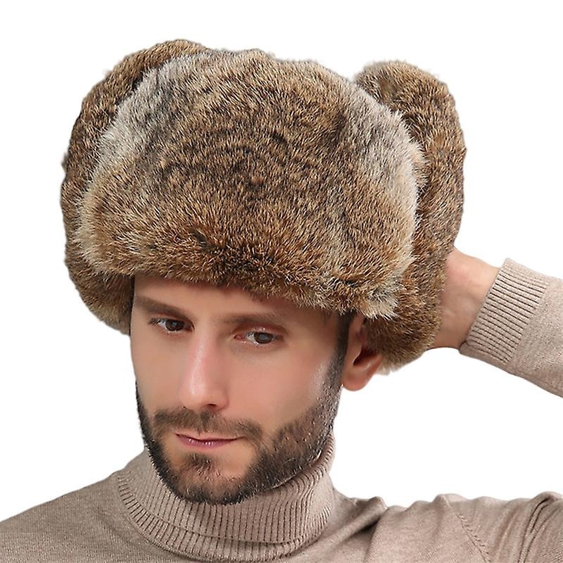 thumbnail image 2 of Gorro de cazador ruso de piel de conejo de invierno con orejeras, regalo de Navidad para hombres (XXL, café), 2 of 3