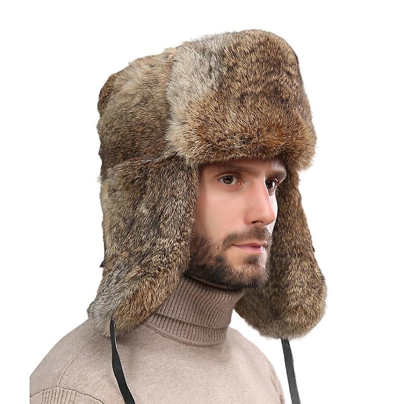 thumbnail image 1 of Gorro de cazador ruso de piel de conejo de invierno con orejeras, regalo de Navidad para hombres (XXL, café), 1 of 3