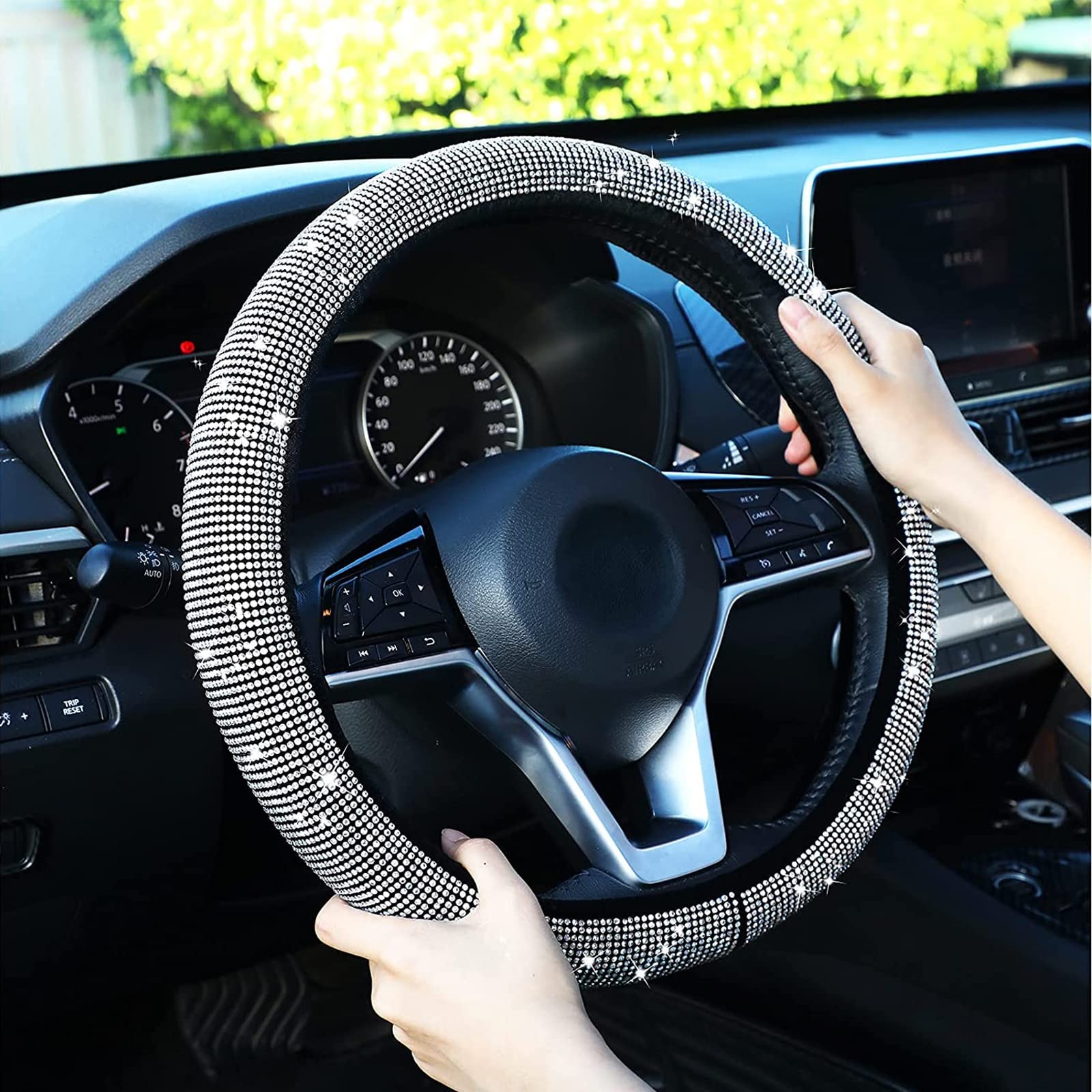thumbnail image 4 of Funda para volante para mujer,Cubierta para volante con diamantes de cristal,Tipo universal 38 cm (Blanco), 4 of 4