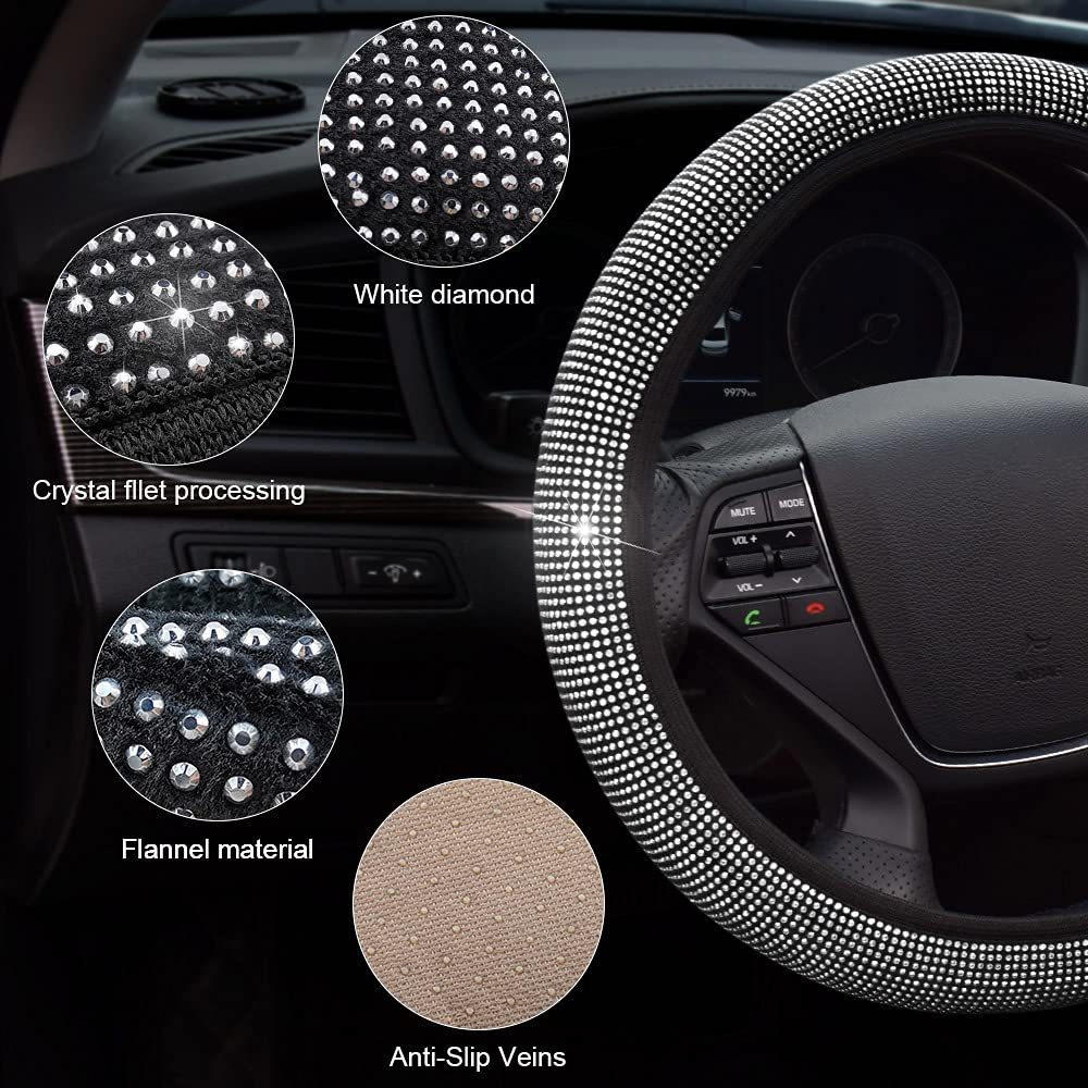 thumbnail image 3 of Funda para volante para mujer,Cubierta para volante con diamantes de cristal,Tipo universal 38 cm (Blanco), 3 of 4