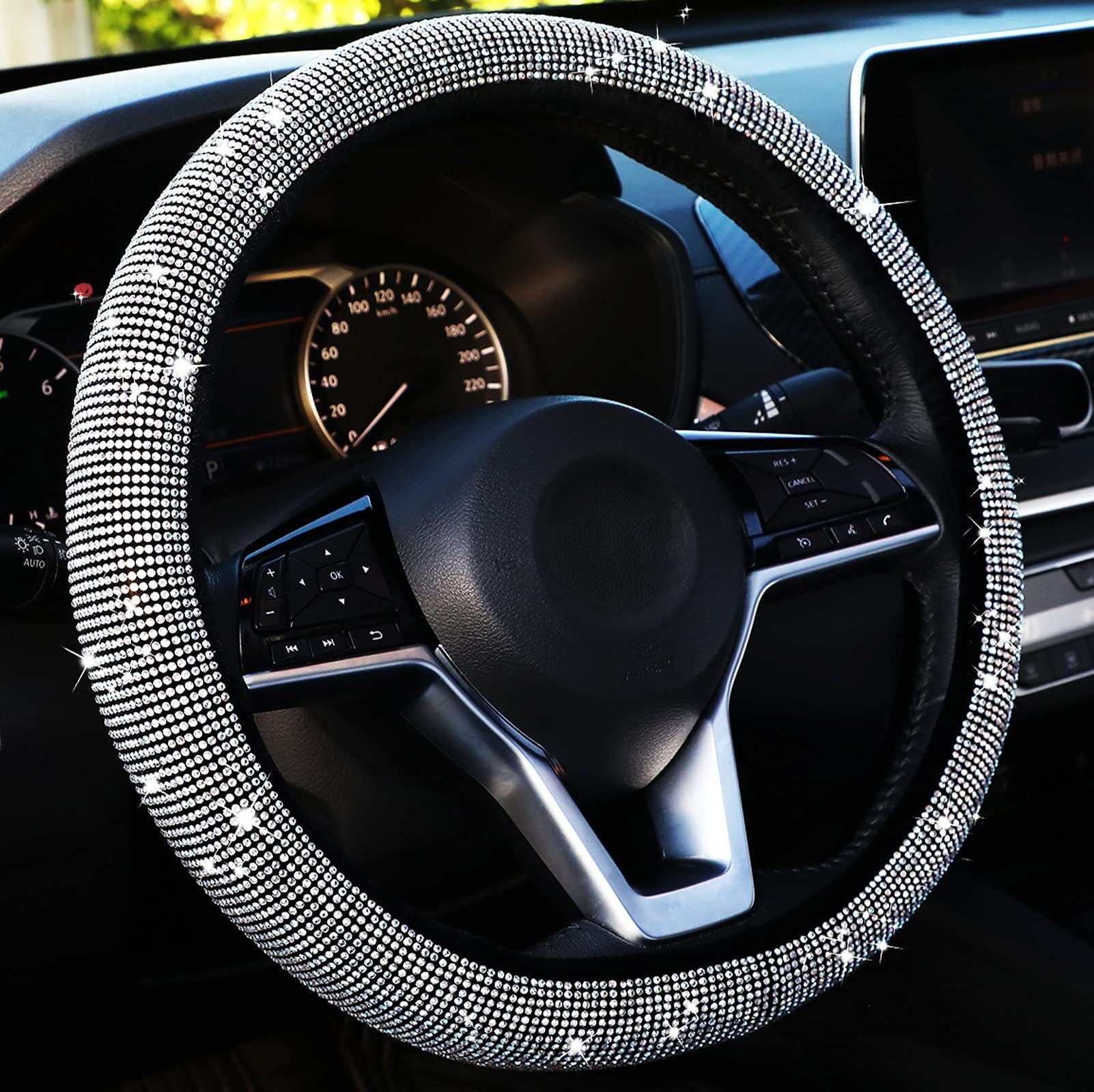 Funda para volante para mujer,Cubierta para volante con diamantes de cristal,Tipo universal 38 cm (Blanco)
