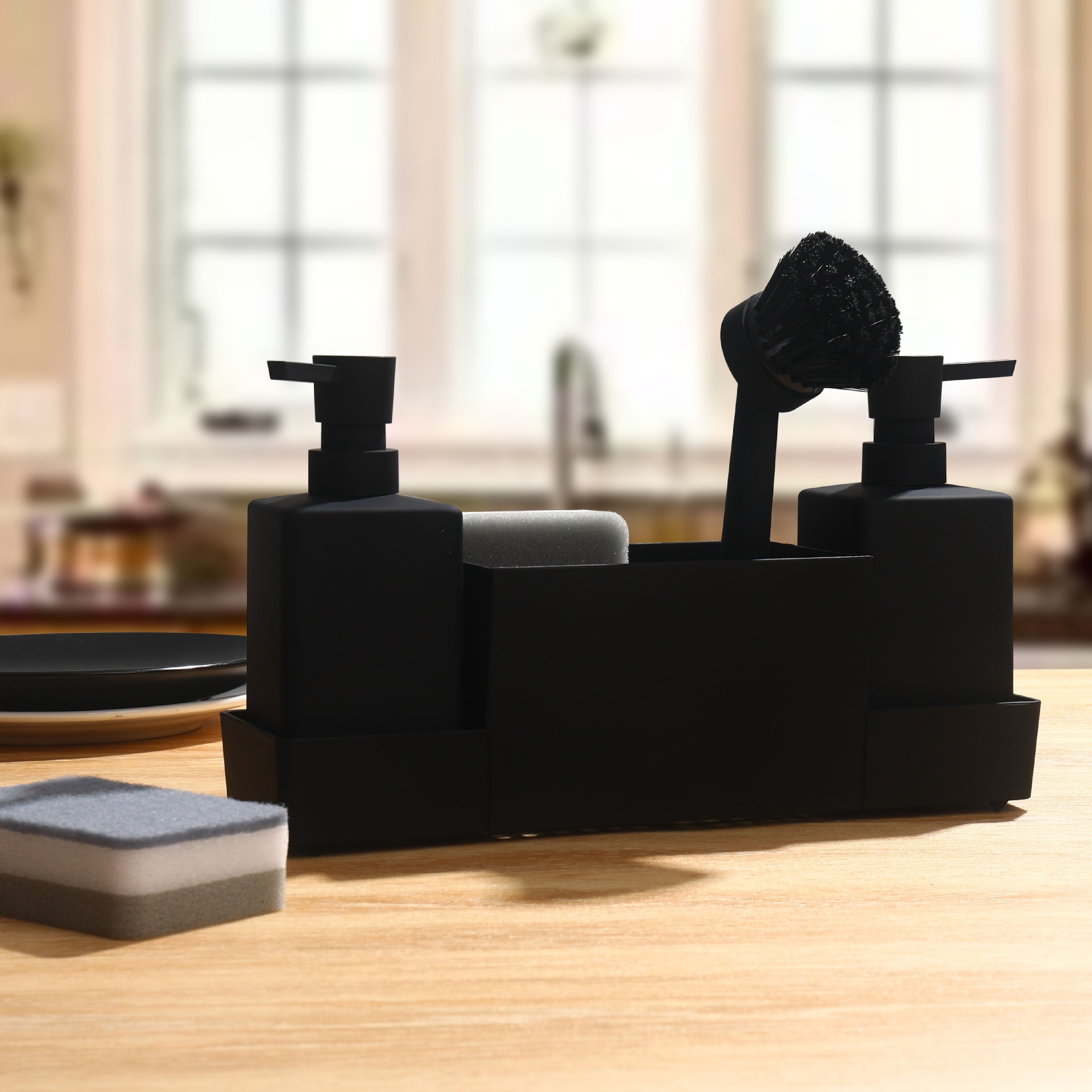 thumbnail image 4 of Dispensador de jabón de cocina con soporte de esponja para fregadero negro mate YONGSHENG, 4 of 4
