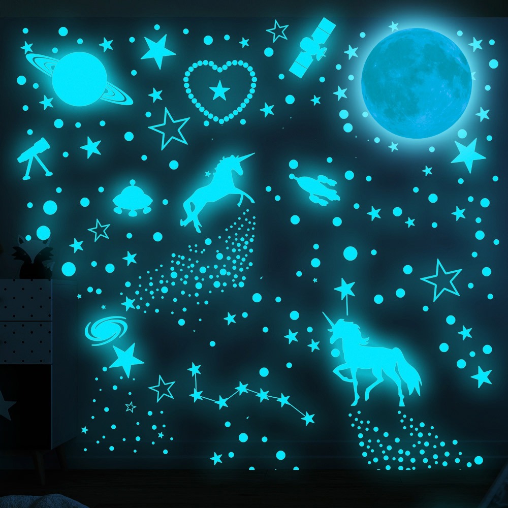 thumbnail image 1 of Estrellas que brillan en la oscuridad para el techo, pegatinas de pared de unicornio, decoración de pared de unicornio para dormitorio de niñas, planeta de estrellas de unicornio que brillan, 1 of 5