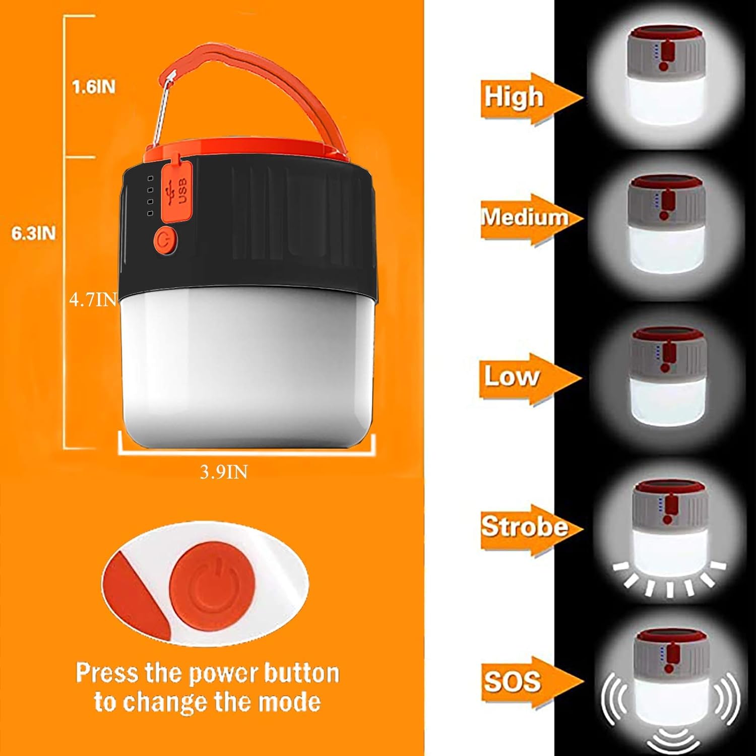 thumbnail image 4 of Luz solar para acampar - USB recargable LED portátil linterna para acampar lámpara de seguridad para jardín impermeable, para pesca nocturna, caza, campamento (negro), 4 of 5