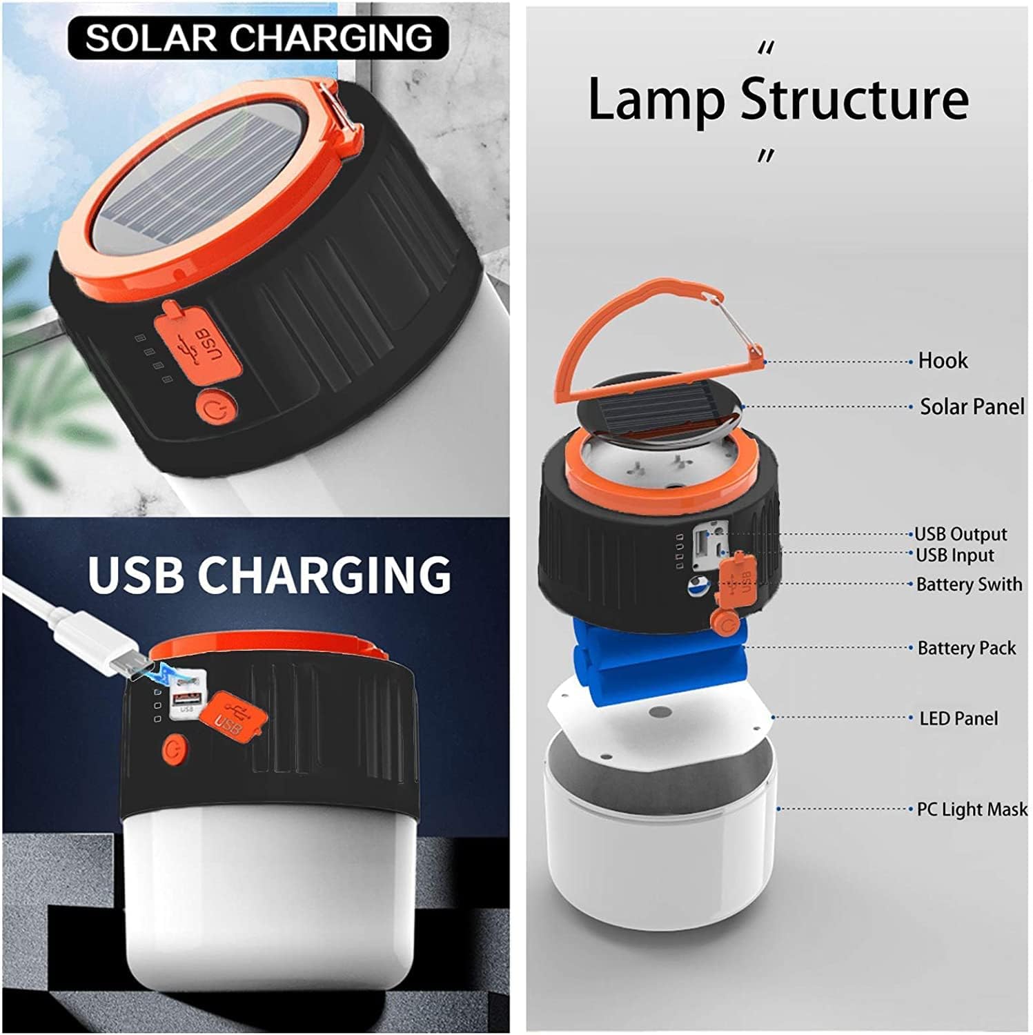 thumbnail image 2 of Luz solar para acampar - USB recargable LED portátil linterna para acampar lámpara de seguridad para jardín impermeable, para pesca nocturna, caza, campamento (negro), 2 of 5