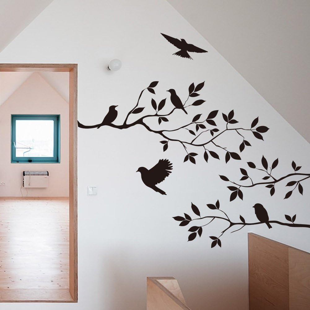thumbnail image 4 of Pegatina de pared de pájaros y ramas de árbol, vinilo extraíble para dormitorio, sala de estar, arte Mural, decoración de calcomanía negra, 4 of 5