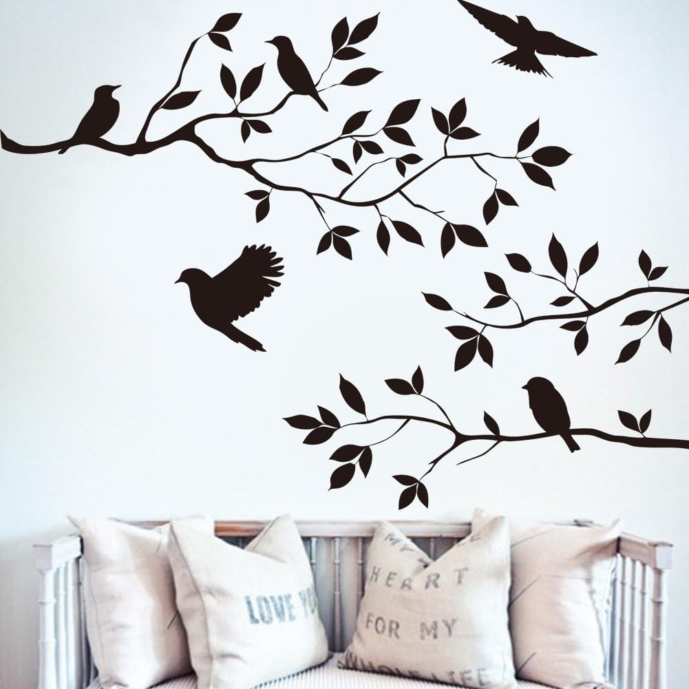 thumbnail image 1 of Pegatina de pared de pájaros y ramas de árbol, vinilo extraíble para dormitorio, sala de estar, arte Mural, decoración de calcomanía negra, 1 of 5