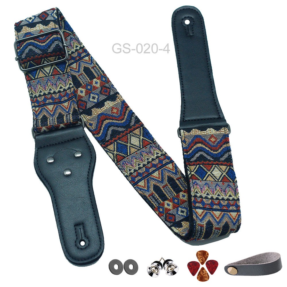 thumbnail image 1 of Correa de guitarra de 10 Uds., correas de guitarra de algodón con extremos de cuero de plena flor para bajo, guitarra eléctrica y acústica, regalos para, 1 of 5