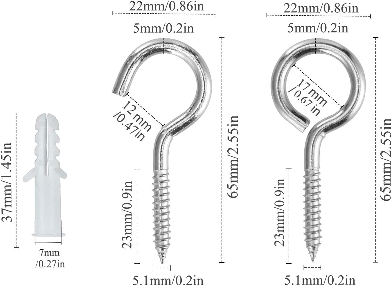 thumbnail image 2 of Tornillo de ojo de 10 piezas, gancho de ojo de tornillo de acero inoxidable, con kit de tacos de 10 piezas, 5*65 mm, para candelabros, manualidades, 2 of 5