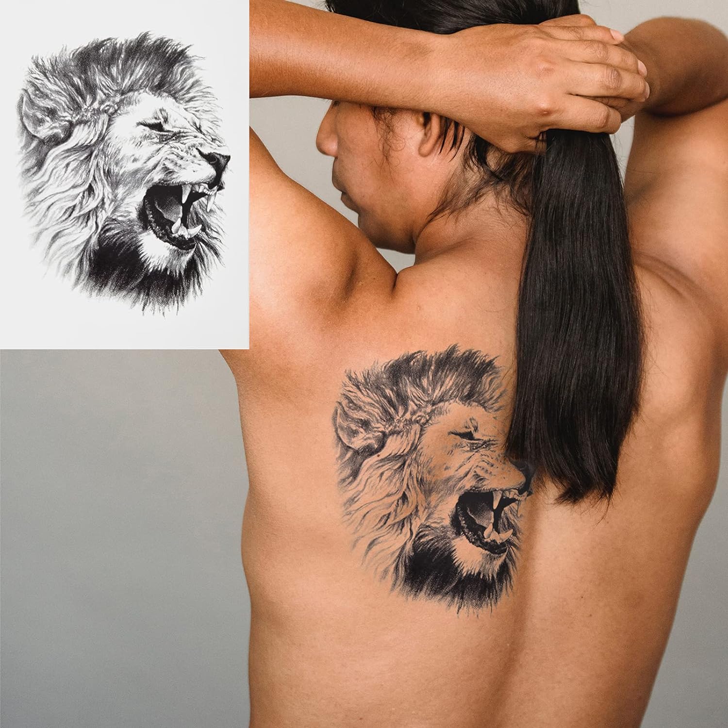 thumbnail image 3 of 6 hojas de pegatinas de tatuajes temporales, pegatinas de tatuaje de león tigre, hojas de tatuajes falsos para el cuerpo, brazo, pecho, hombro para hombres o mujeres, tatuajes temporales neg, 3 of 5