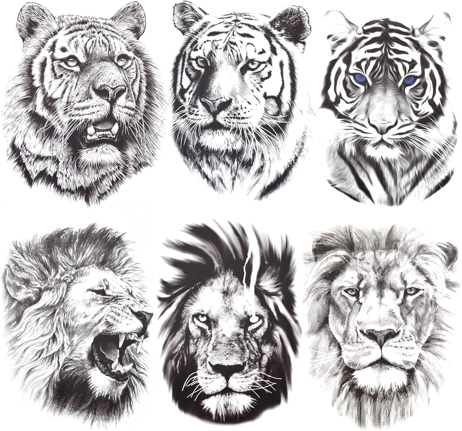 thumbnail image 1 of 6 hojas de pegatinas de tatuajes temporales, pegatinas de tatuaje de león tigre, hojas de tatuajes falsos para el cuerpo, brazo, pecho, hombro para hombres o mujeres, tatuajes temporales neg, 1 of 5