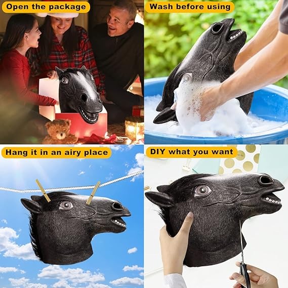 thumbnail image 5 of Máscara de cabeza de caballo, máscara de caballo aterradora, máscara de cabeza de animal de látex, disfraces elegantes de Halloween, caballo negro, 5 of 5