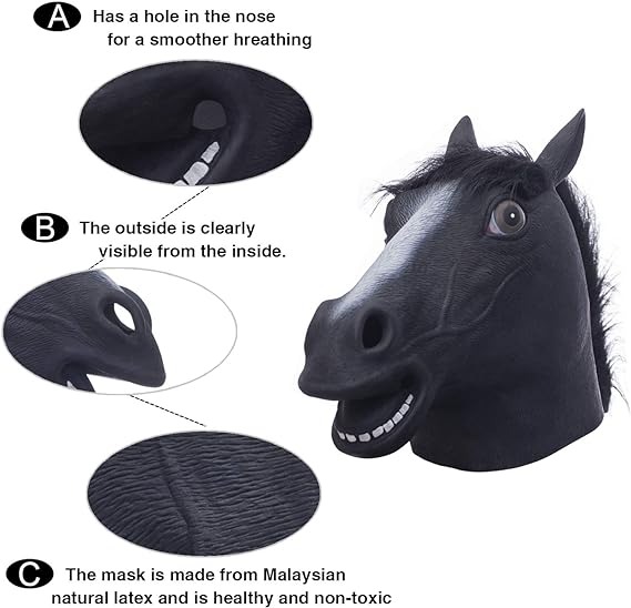 thumbnail image 4 of Máscara de cabeza de caballo, máscara de caballo aterradora, máscara de cabeza de animal de látex, disfraces elegantes de Halloween, caballo negro, 4 of 5