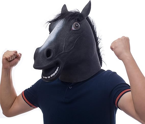 Máscara de cabeza de caballo, máscara de caballo aterradora, máscara de cabeza de animal de látex, disfraces elegantes de Halloween, caballo negro