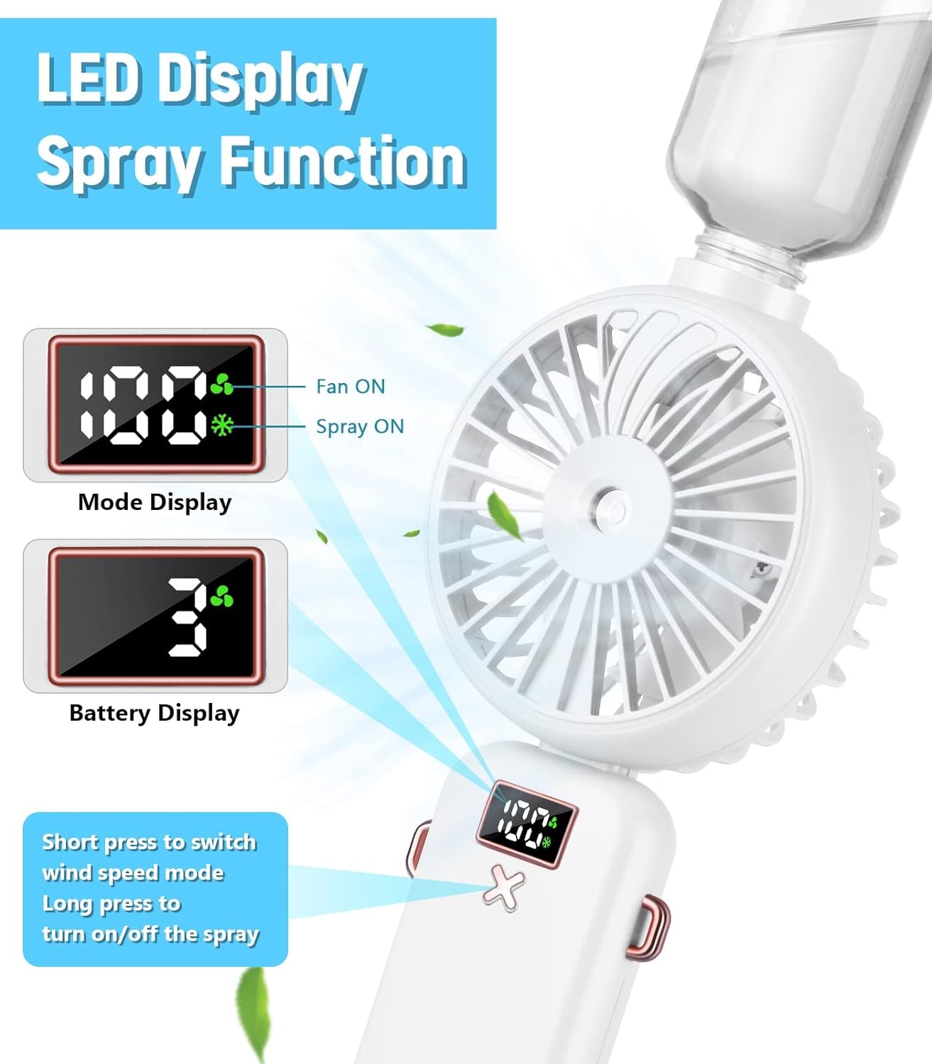 thumbnail image 3 of Ventilador de mano con niebla de agua: ventiladores portátiles recargables de 5 velocidades, ventilador con batería de 2500 mAh, ventilador, 3 of 5