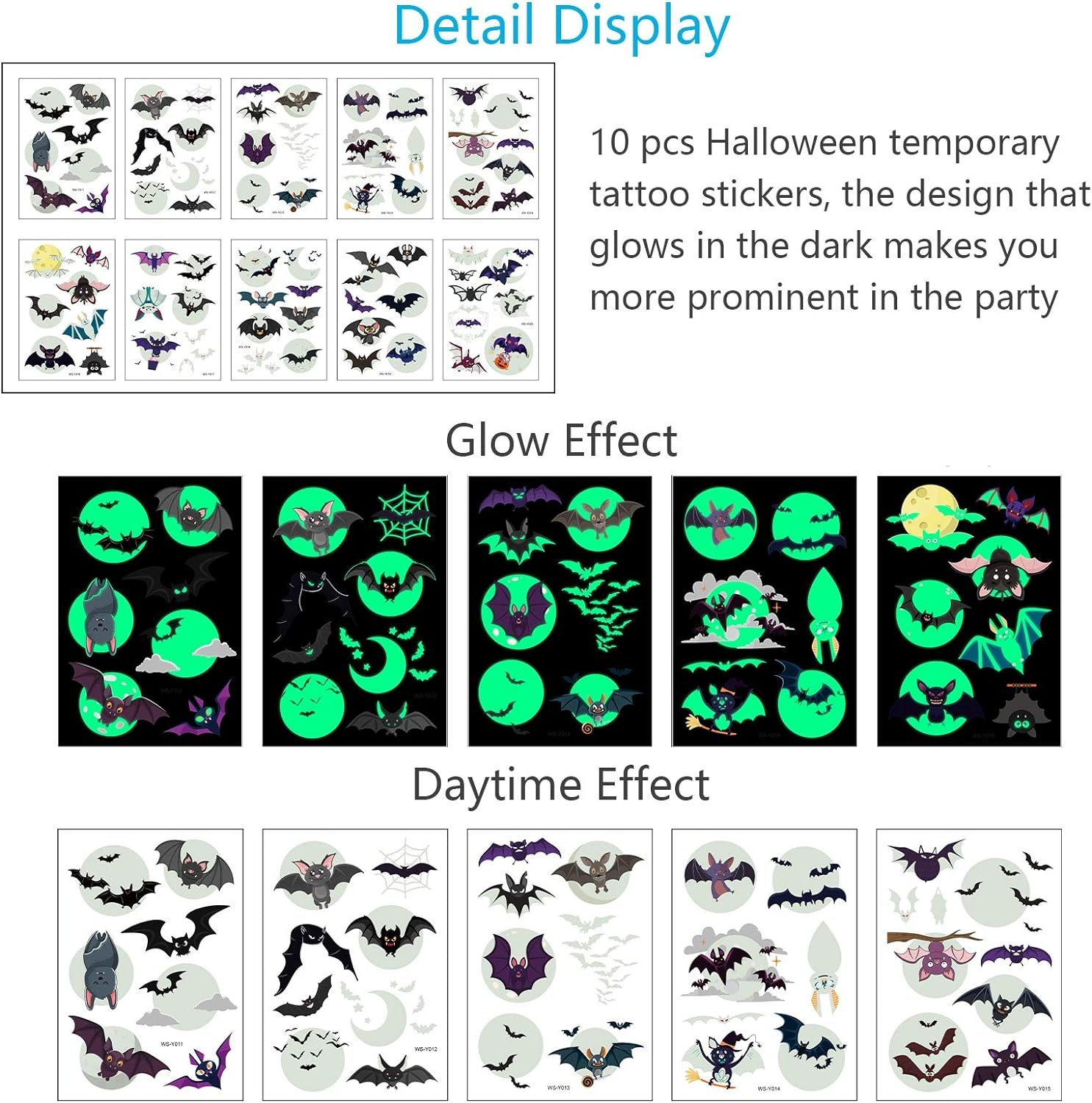 thumbnail image 2 of 10PCS Tatuajes de Murciélagos YONGSHENG Halloween Pegatinas que Brillan en la Oscuridad, 2 of 5