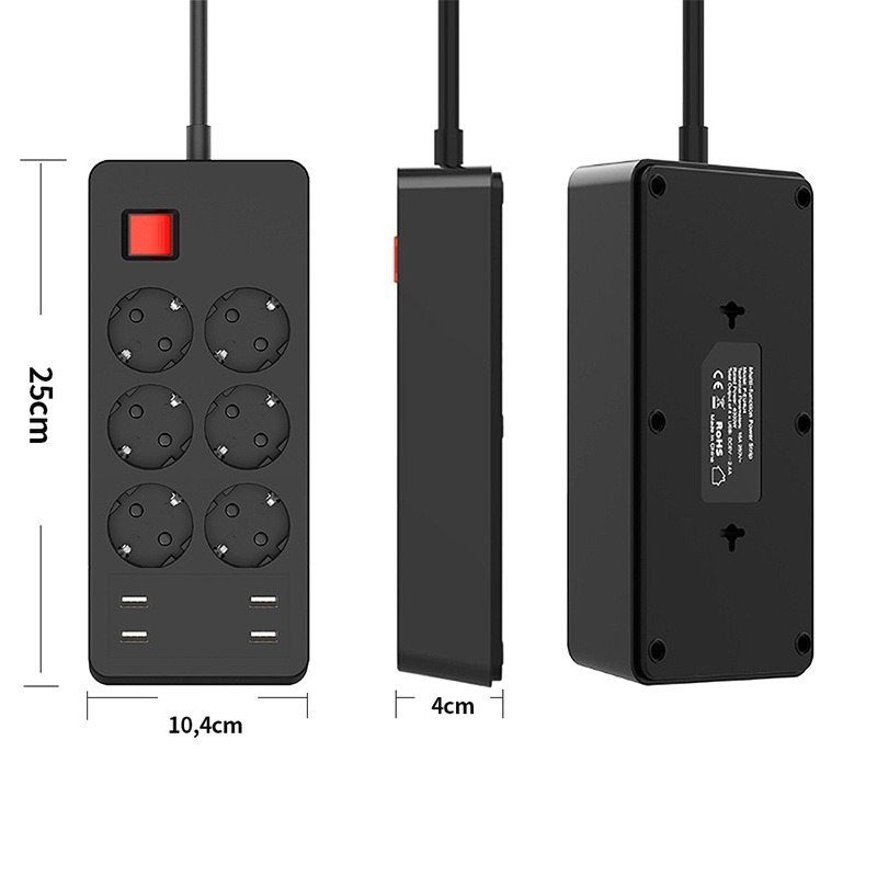 thumbnail image 3 of Regleta Multifunción Protector contra Sobretensiones con 6 Tomas y 4 Puertos USB, Regleta Eléctrica con Interruptor Individual Contra Sobrecargas, 1,5m Negro, 3 of 5