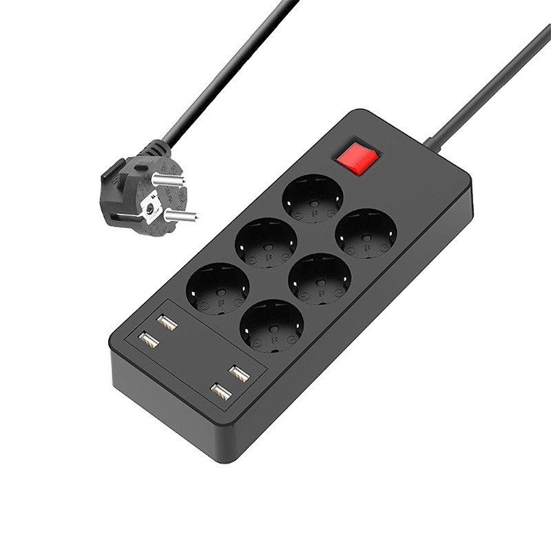 Regleta Multifunción Protector contra Sobretensiones con 6 Tomas y 4 Puertos USB, Regleta Eléctrica con Interruptor Individual Contra Sobrecargas, 1,5m Negro