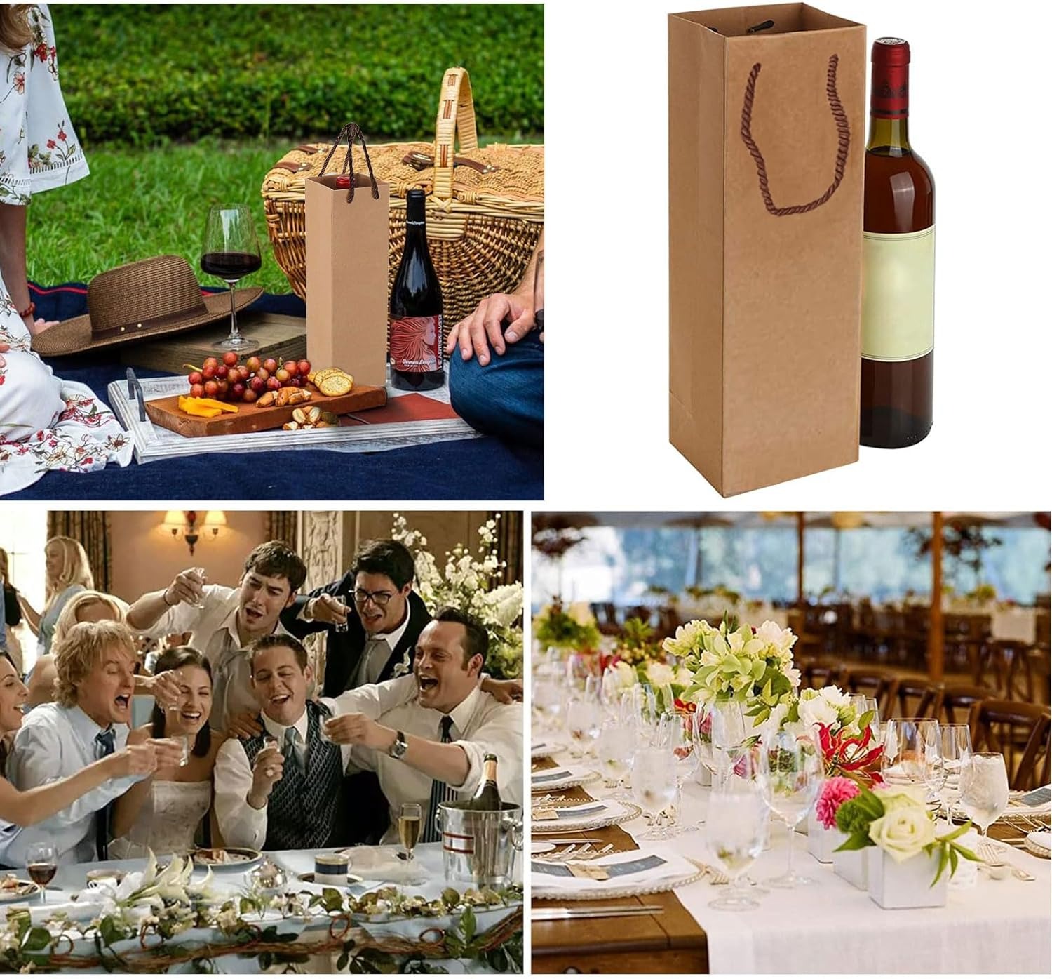 thumbnail image 4 of Bolsas de regalo de vino premium con asas, 20 bolsas de almacenamiento de vino de papel kraft para Navidad, bodas, fiestas (marrón), 4 of 5