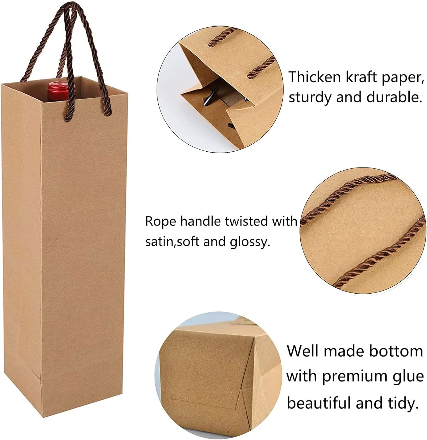 thumbnail image 3 of Bolsas de regalo de vino premium con asas, 20 bolsas de almacenamiento de vino de papel kraft para Navidad, bodas, fiestas (marrón), 3 of 5