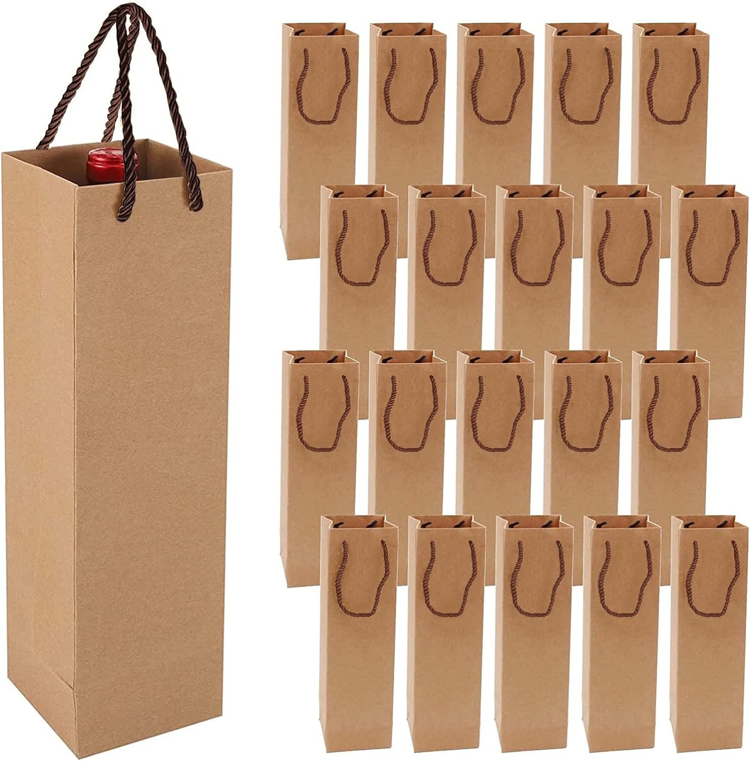 thumbnail image 1 of Bolsas de regalo de vino premium con asas, 20 bolsas de almacenamiento de vino de papel kraft para Navidad, bodas, fiestas (marrón), 1 of 5