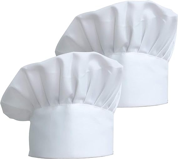 thumbnail image 1 of Juego de 2 piezas (blanco, altura: aprox. 22 cm, circunferencia del sombrero 58-63 cm) Gorro de chef unisex de polialgodón con banda elástica ajustable, 1 of 5