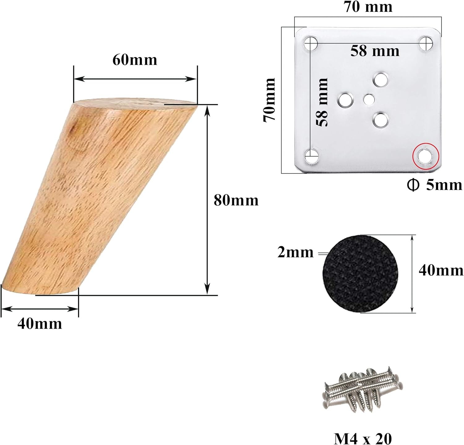 Drenky Juego de 4 patas de muebles de madera, patas de cama, patas de mesa de centro inclinadas de 8 cm, patas de muebles de cocina, acabado en nogal con accesorios de instalación para silló