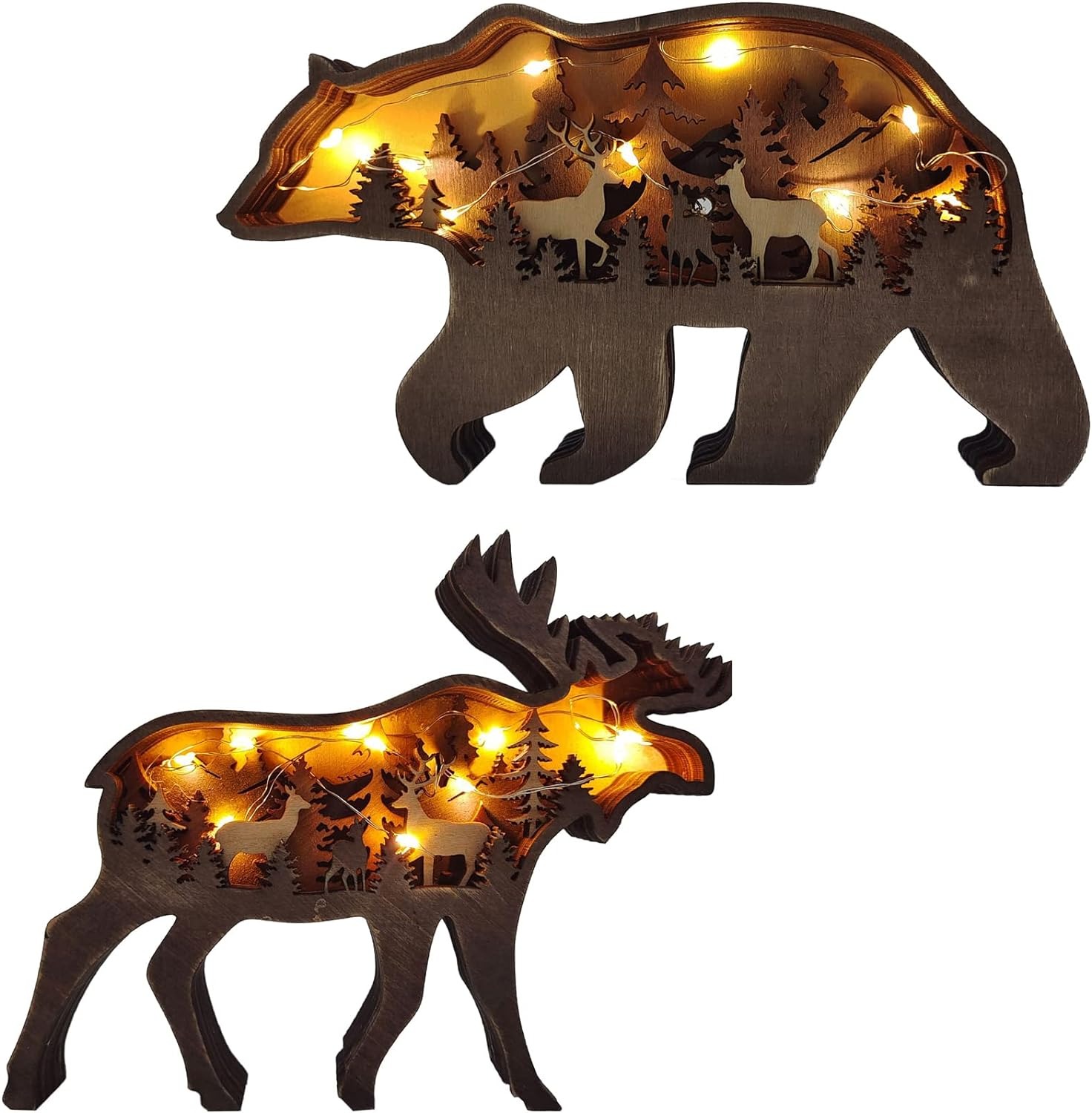 thumbnail image 5 of 3D Creativo Bosque Animal Madera Artesanía Decoración de Pared con Cadena de Luces, Muebles Escultura de Pared Decoraciones Alce Oso Pardo Decoración de Pared Regalos Festival, Oso + Alce, 5 of 5