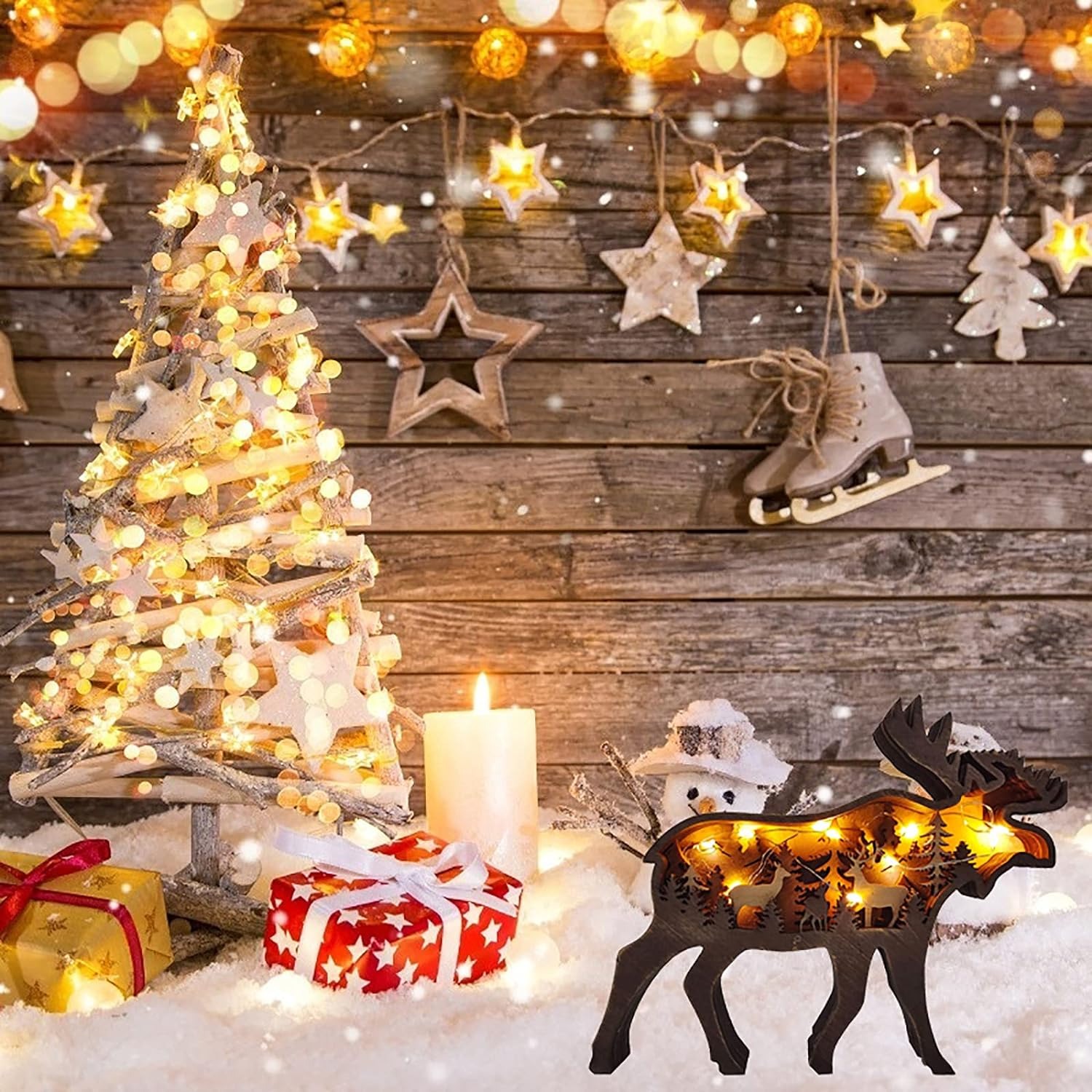 thumbnail image 3 of 3D Creativo Bosque Animal Madera Artesanía Decoración de Pared con Cadena de Luces, Muebles Escultura de Pared Decoraciones Alce Oso Pardo Decoración de Pared Regalos Festival, Oso + Alce, 3 of 5
