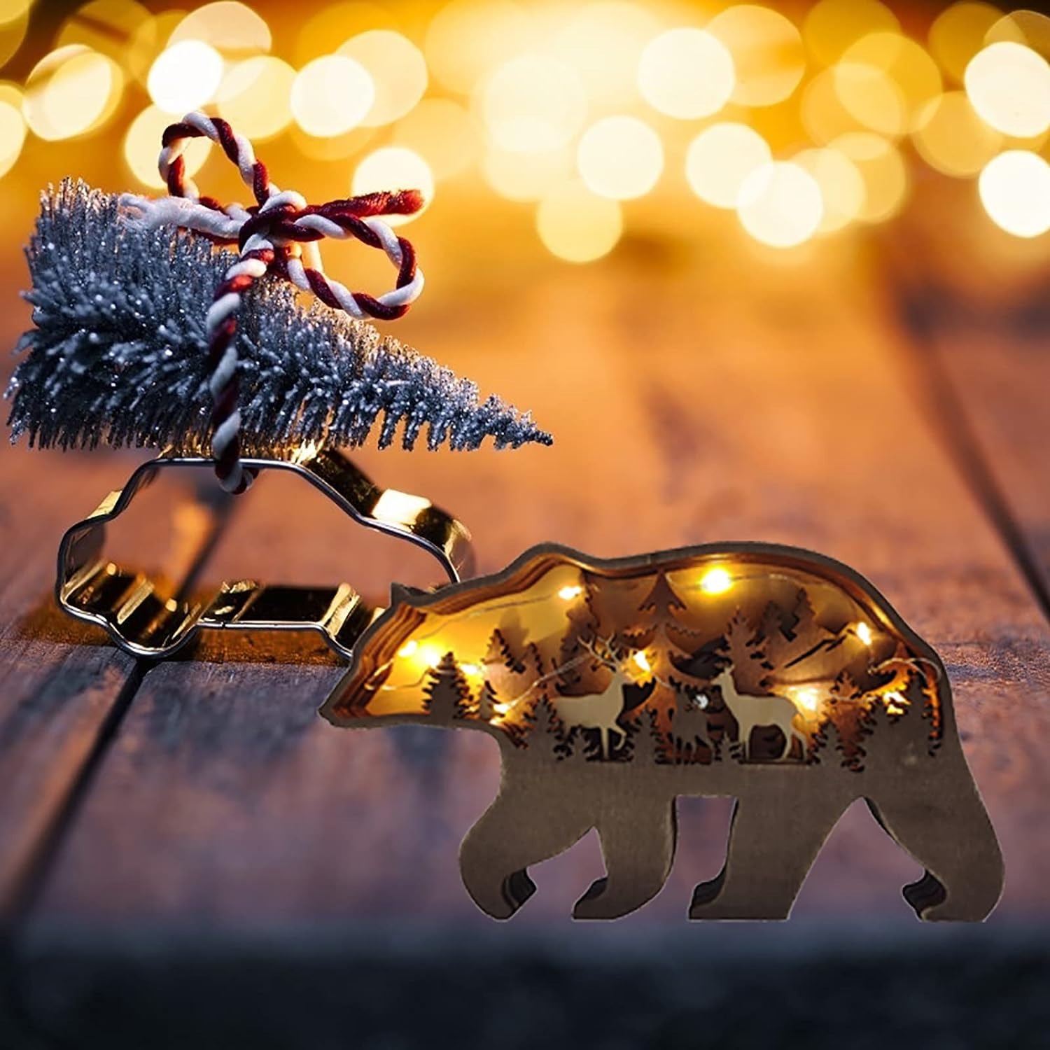 thumbnail image 2 of 3D Creativo Bosque Animal Madera Artesanía Decoración de Pared con Cadena de Luces, Muebles Escultura de Pared Decoraciones Alce Oso Pardo Decoración de Pared Regalos Festival, Oso + Alce, 2 of 5