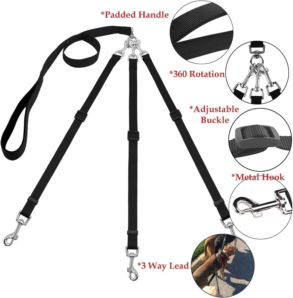 thumbnail image 5 of Correa para perros 3 en 1 Correa para perros de nailon resistente de 3 vías con asa acolchada Acoplador para perros ajustable con rotación de 360 ​​​​° y sin enredos, 5 of 5