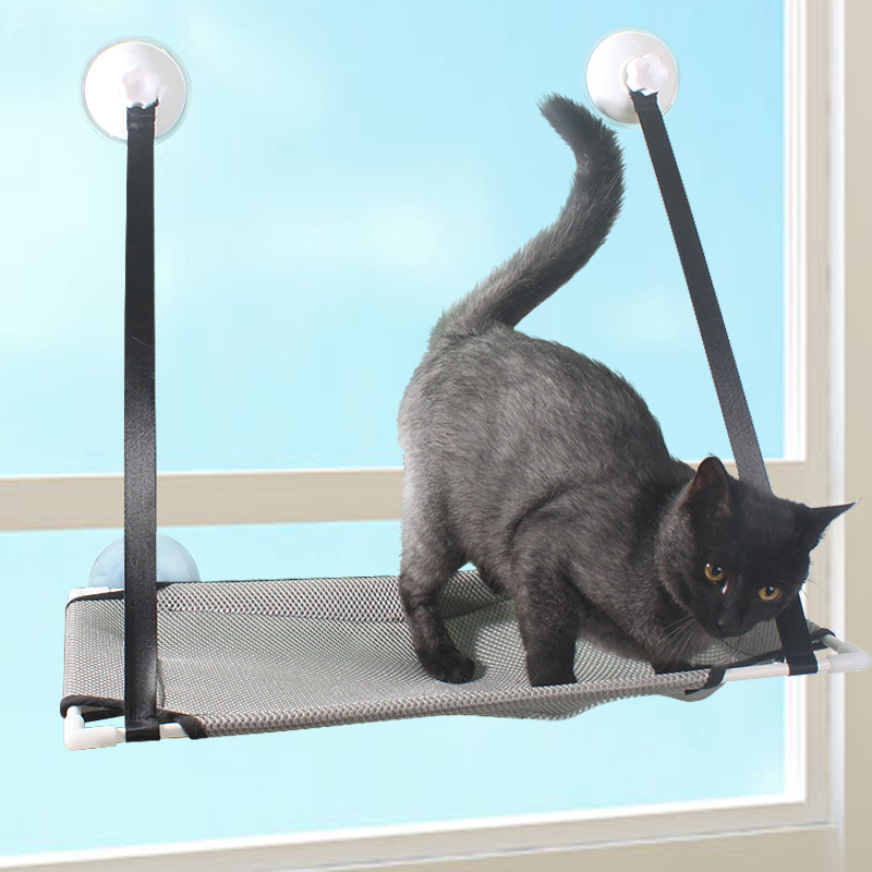 Hamaca gris para gatos, hamaca para ventana de gato, cama para asiento de ventana para gato con ventosas de botón, asiento de descanso para gato para tomar el sol, ahorra espacio