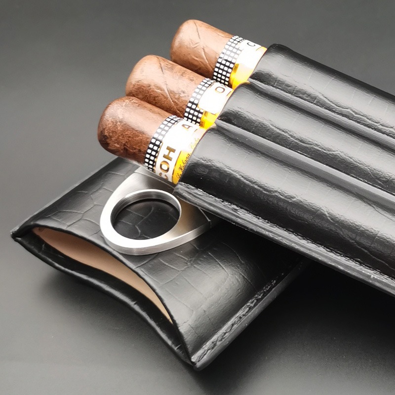 thumbnail image 3 of Humidor de cigarros de viaje con funda para puros de cuero negro de 2 piezas para 3 cigarros con cortador de cigarros, 3 of 4