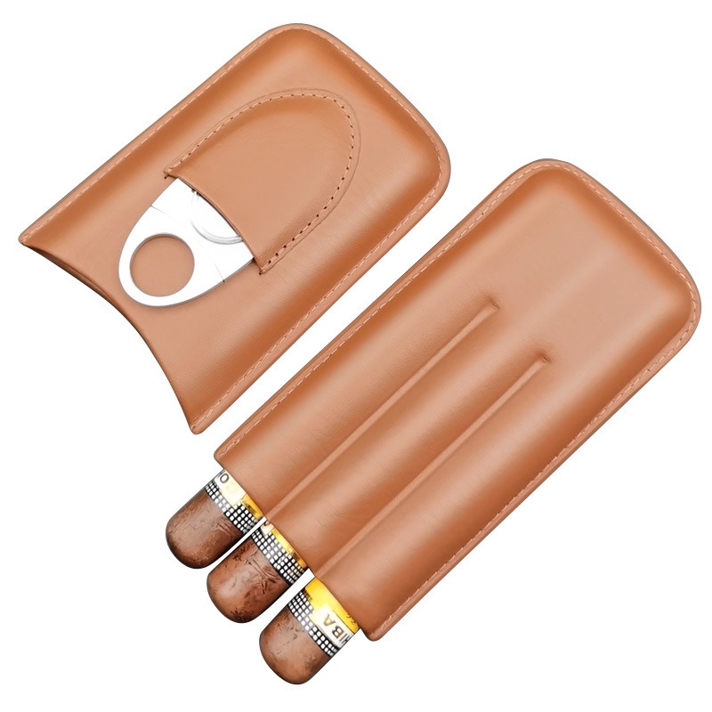 thumbnail image 2 of Humidor de cigarros de viaje con funda para puros de cuero negro de 2 piezas para 3 cigarros con cortador de cigarros, 2 of 4