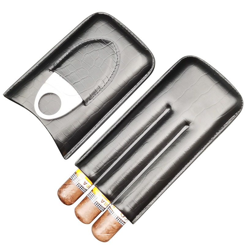 thumbnail image 1 of Humidor de cigarros de viaje con funda para puros de cuero negro de 2 piezas para 3 cigarros con cortador de cigarros, 1 of 4