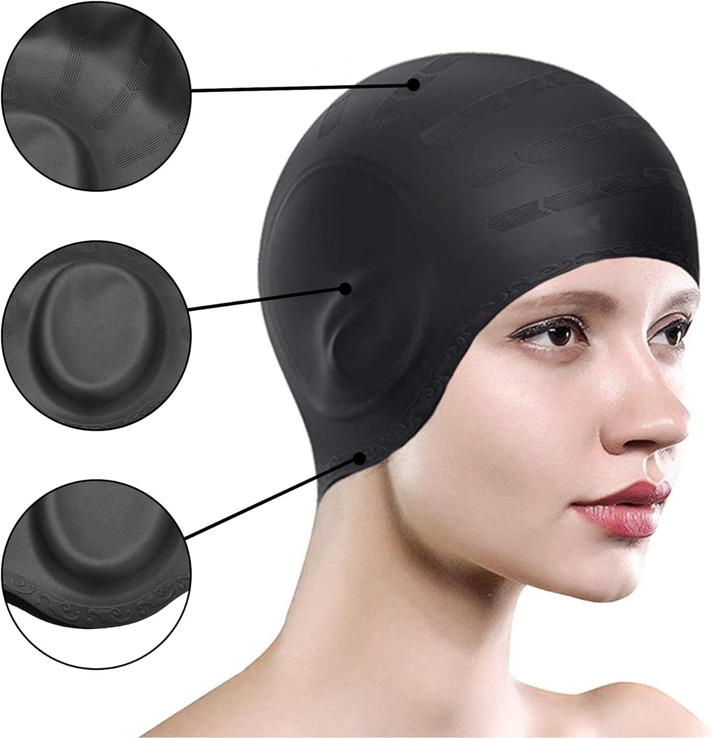 thumbnail image 3 of IMPERMEABLE: gorro de natación de silicona impermeable, gorro de natación de silicona para hombres y mujeres y cabello largo. Adolescente (negro), 3 of 3