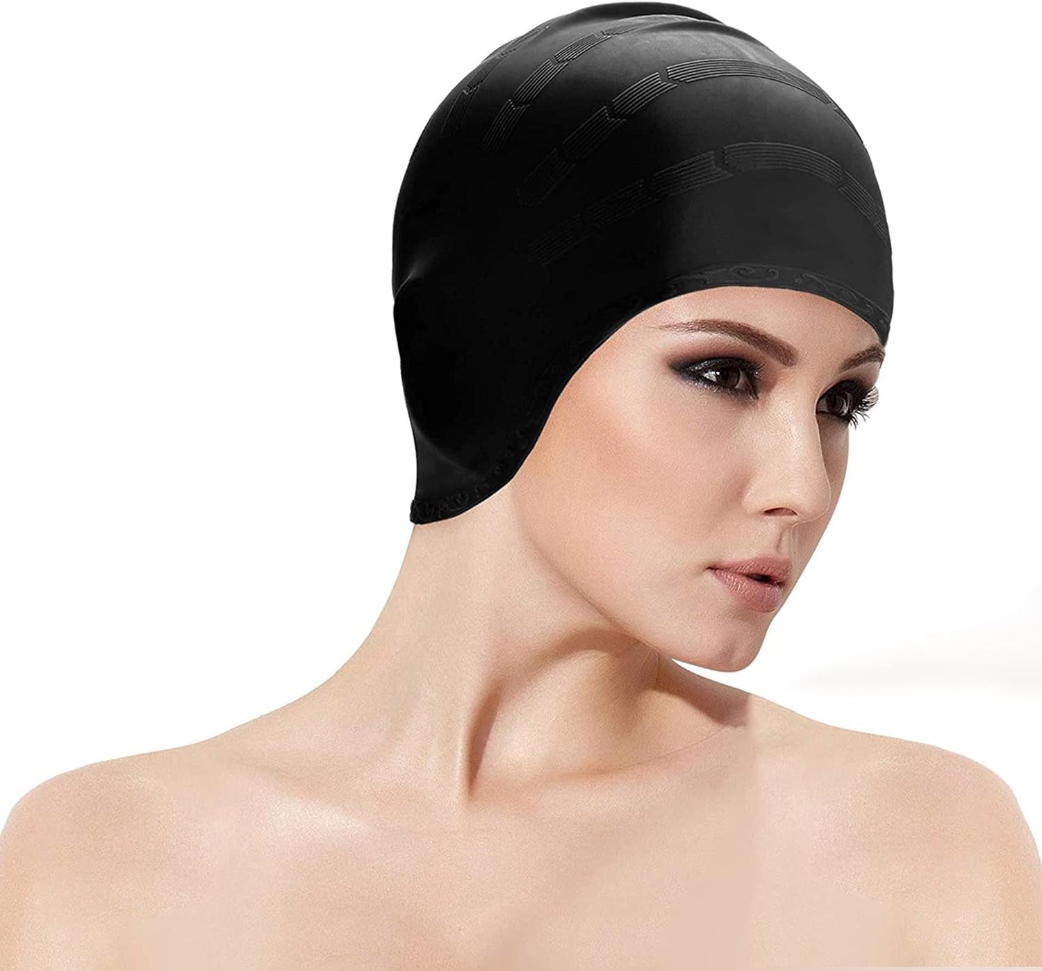 thumbnail image 1 of IMPERMEABLE: gorro de natación de silicona impermeable, gorro de natación de silicona para hombres y mujeres y cabello largo. Adolescente (negro), 1 of 3