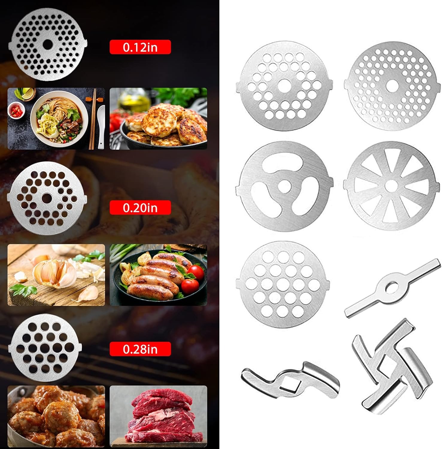 thumbnail image 4 of Pieza de repuesto de cuchilla para picadora de carne, 10 piezas, placa para picadora de carne de acero inoxidable, cuchillo de disco para picadoras para picar carne, 4 of 4