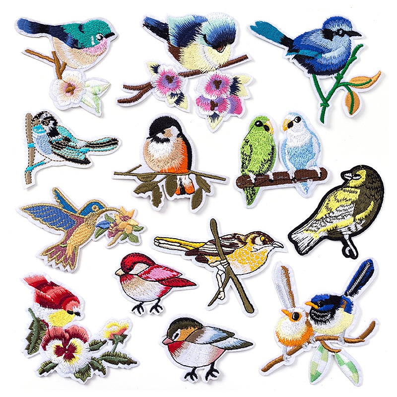 thumbnail image 1 of Set de 13 parches bordados en forma de pájaros, para coser y planchar para camiseta, abrigo, bolso, 1 of 5