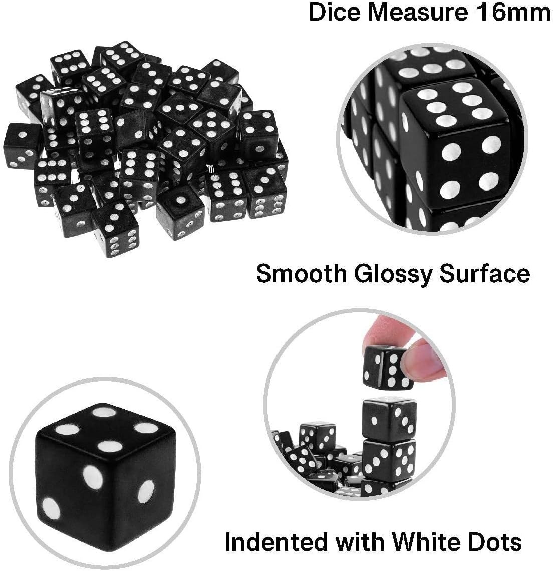 thumbnail image 5 of Juego de dados de urea de 6 caras, tamaño estándar de 16 mm, 100 unidades, negro, perfecto para eventos grupales, negro con bloque de dados blanco, 5 of 5