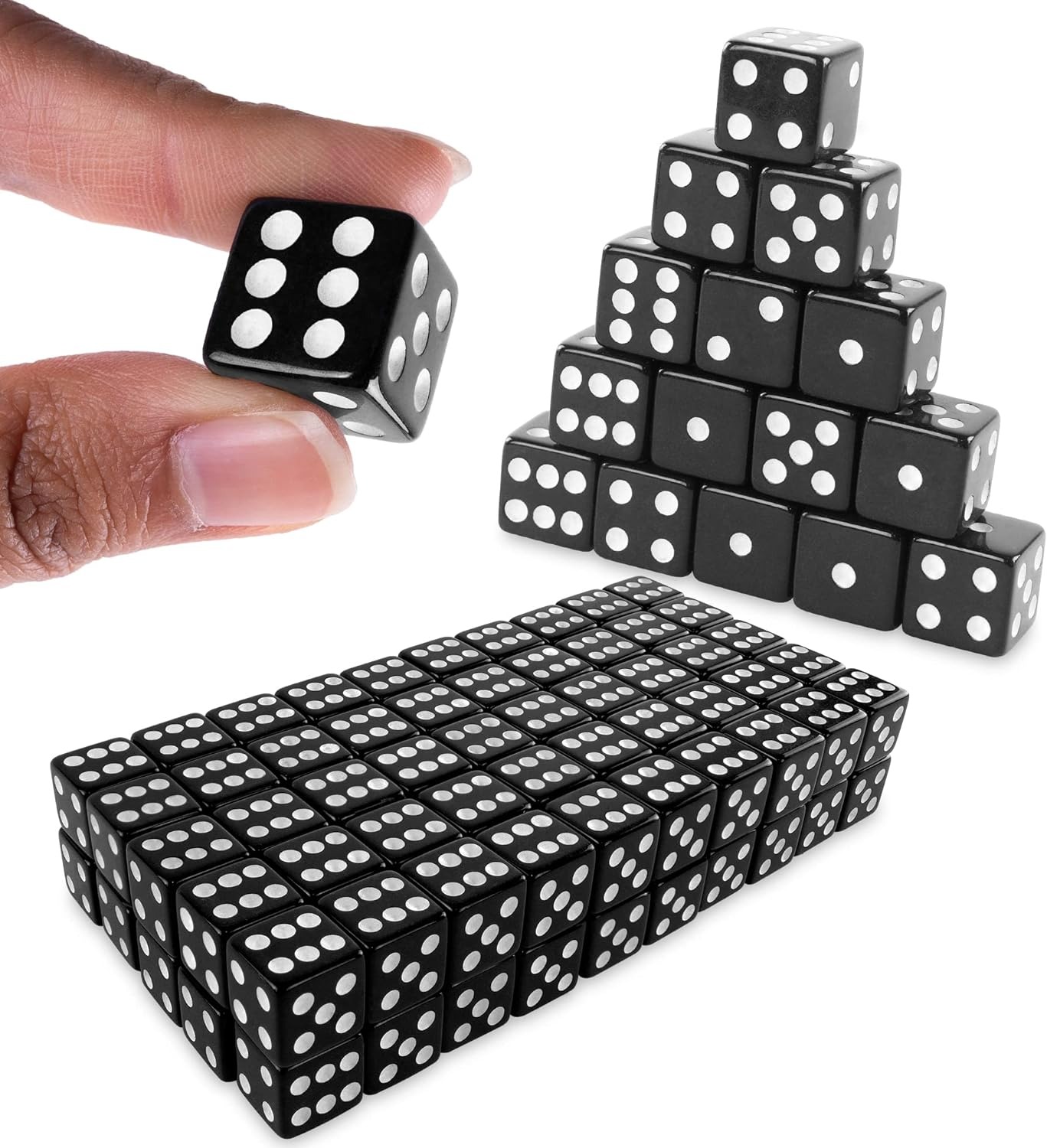 thumbnail image 1 of Juego de dados de urea de 6 caras, tamaño estándar de 16 mm, 100 unidades, negro, perfecto para eventos grupales, negro con bloque de dados blanco, 1 of 5