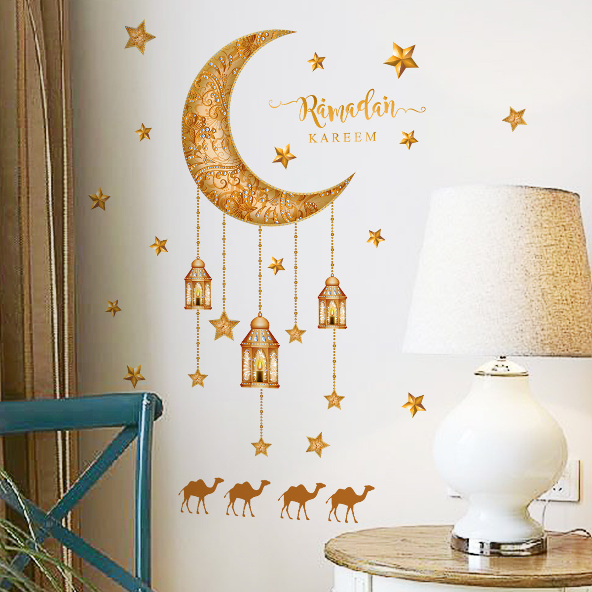 Pegatinas de decoración de pared pegatinas de pared musulmanas islámicas Eid Mubarak calcomanías de pared linterna Luna estrella ventana se aferra a la pared del hogar