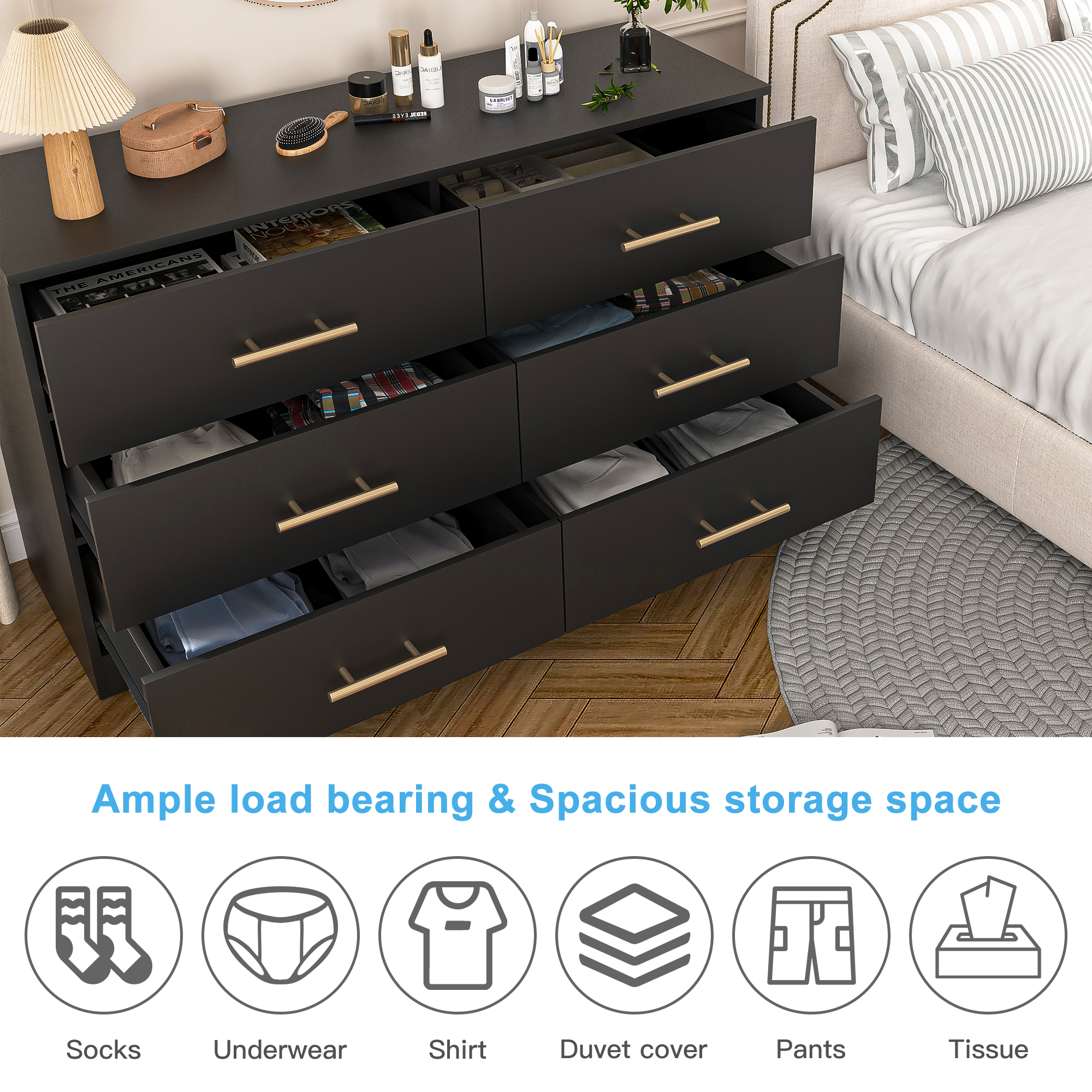 Finihen 6 Drawer Double Dresser with Golden Handle, Modern 6 Chest of Drawers with Deep Drawers, Wide Storage Organizer Cabinet for Living Room, Kids, Black