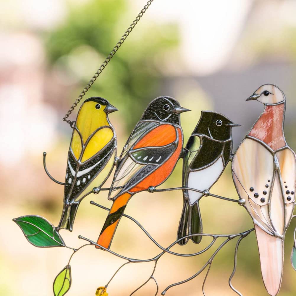 thumbnail image 5 of 7 pájaros multicolores en un alambre, colgante de adornos artísticos de la serie de pájaros de metal pintado de doble cara con cadena de metal para ventana, 5 of 5