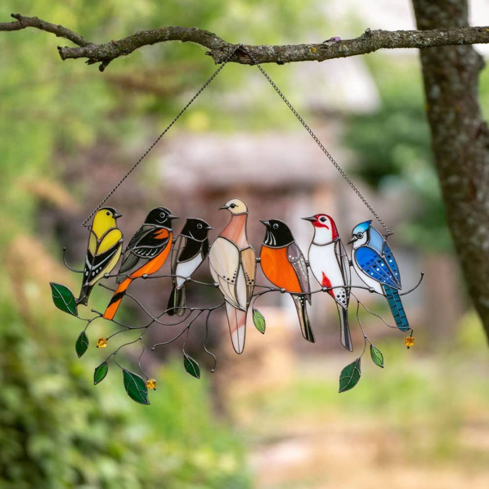 thumbnail image 4 of 7 pájaros multicolores en un alambre, colgante de adornos artísticos de la serie de pájaros de metal pintado de doble cara con cadena de metal para ventana, 4 of 5