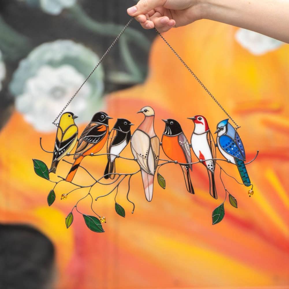 thumbnail image 3 of 7 pájaros multicolores en un alambre, colgante de adornos artísticos de la serie de pájaros de metal pintado de doble cara con cadena de metal para ventana, 3 of 5