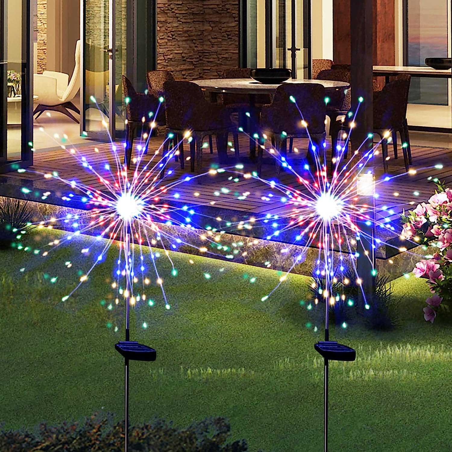 thumbnail image 1 of Luces solares para jardín Luces solares para exteriores Impermeable Paquete de 2 Luces de estaca de fuegos artificiales con energía solar 120 LED Solar Exterior (Colorido), 1 of 5