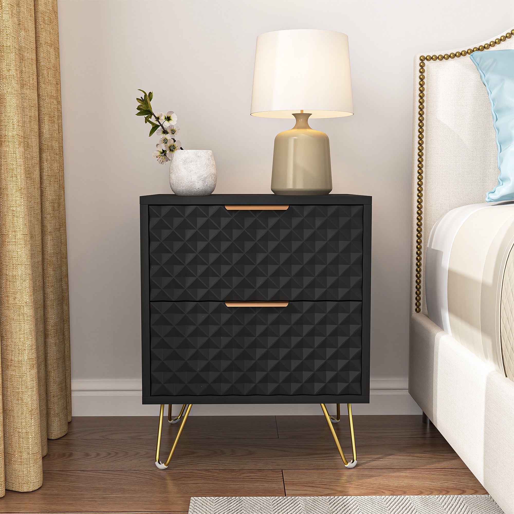 2 Drawer Bedroom Nightstand Set of 2 with Gold Metal Handle and Legs, Black Bedside Table