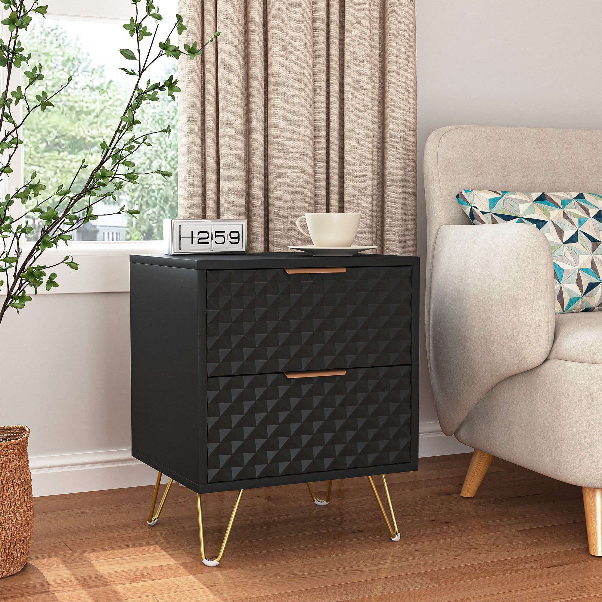 2 Drawer Bedroom Nightstand with Gold Metal Handle and Legs, Black Bedside Table